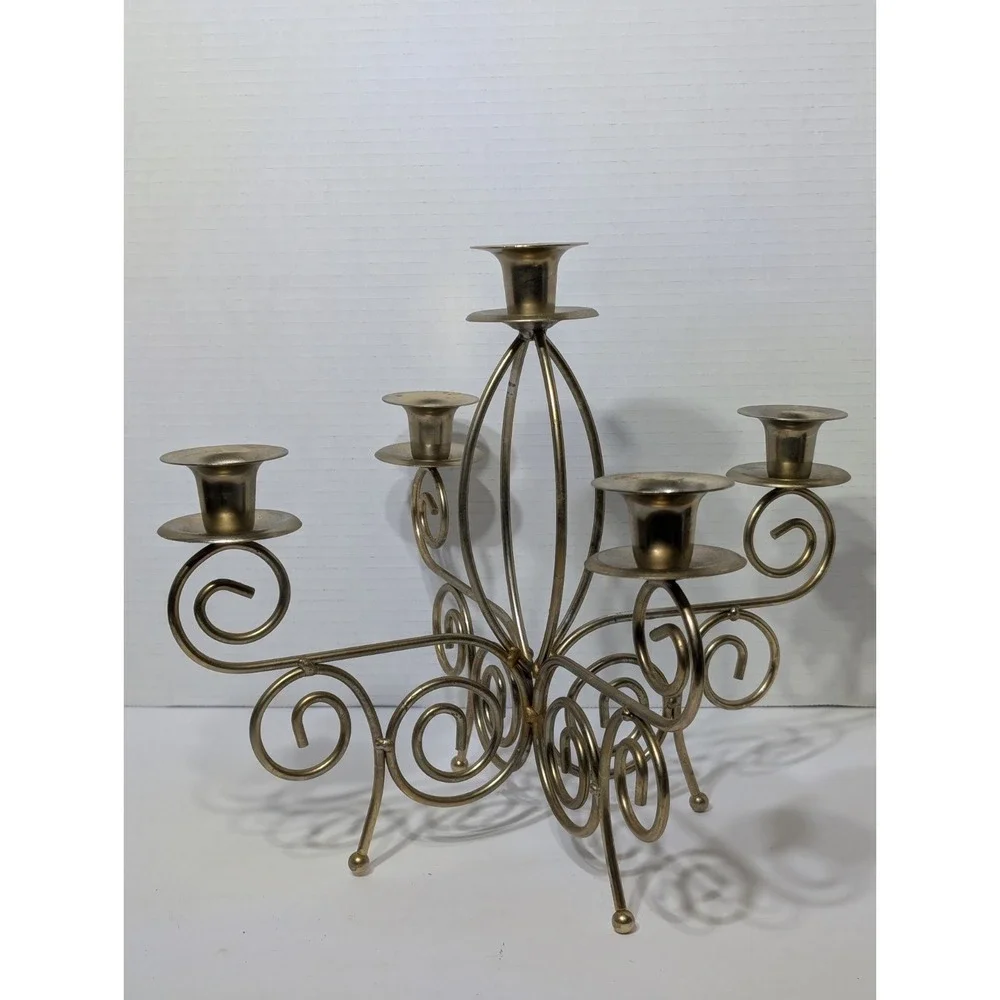 Vintage Gold Tone Brass 5 Arm Candelabra Scroll Candle Stick Holder 11x9